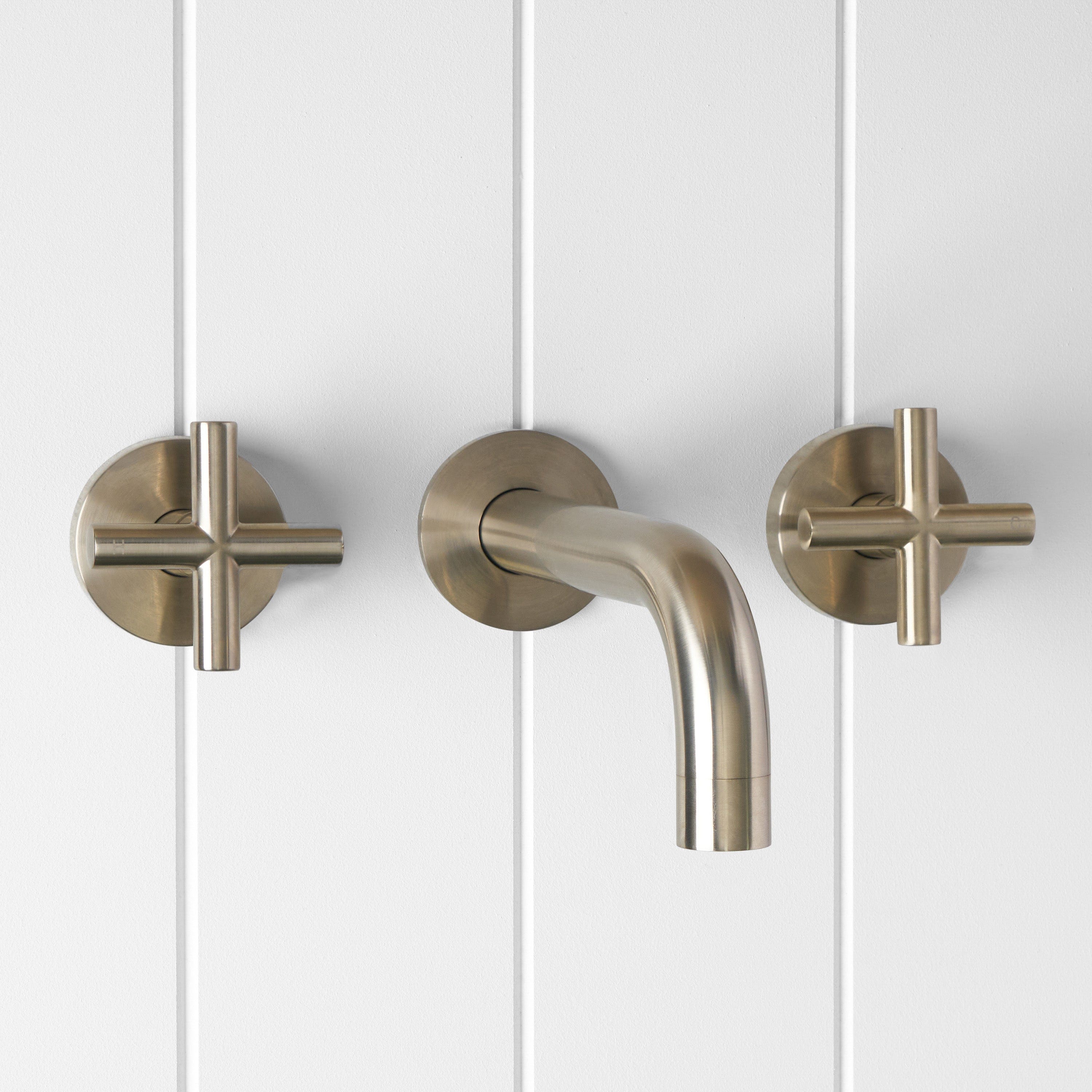 Yabby TAPWARE Wall Spout + Cross Taps Warm Brushed Nickel