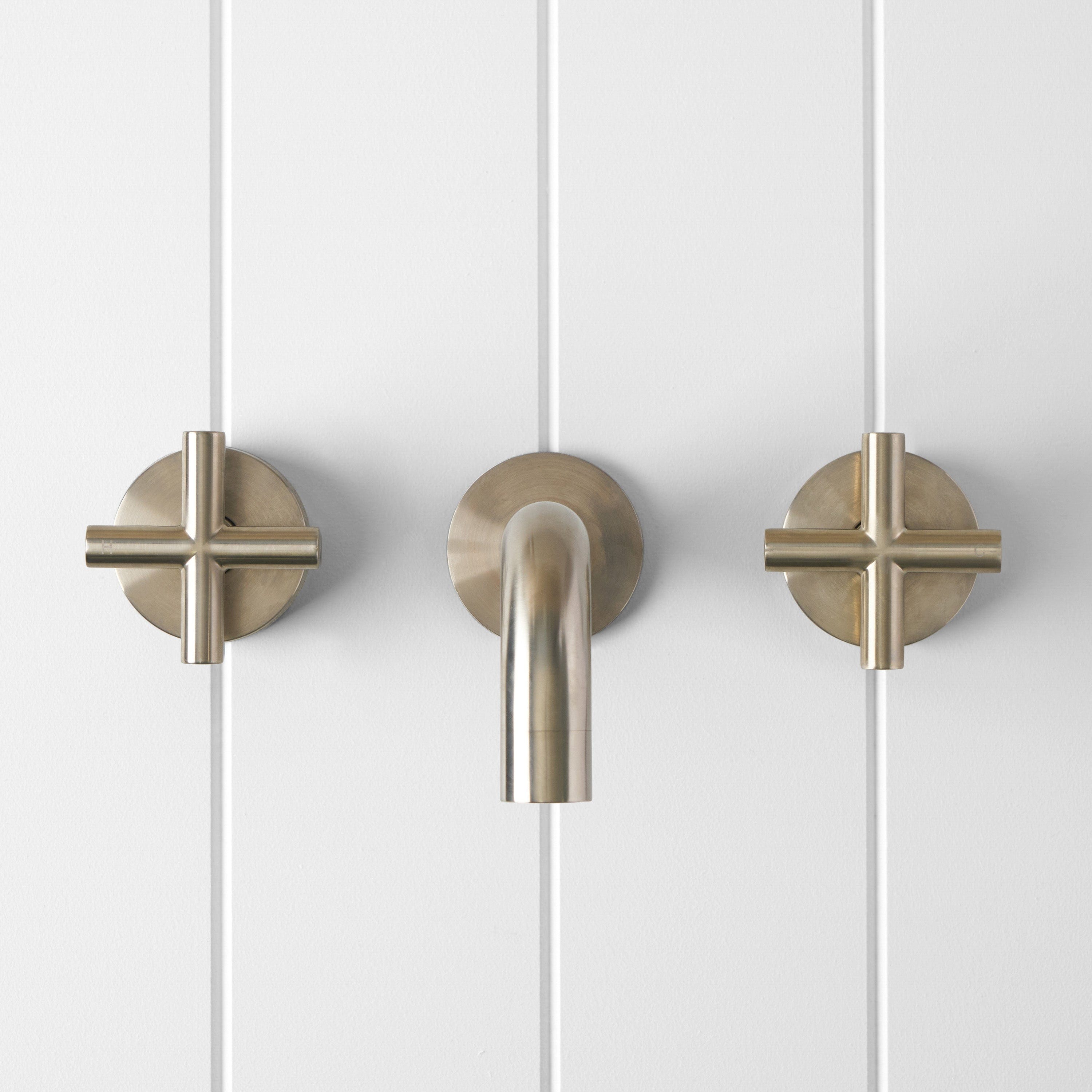 Yabby TAPWARE Wall Spout + Cross Taps Warm Brushed Nickel