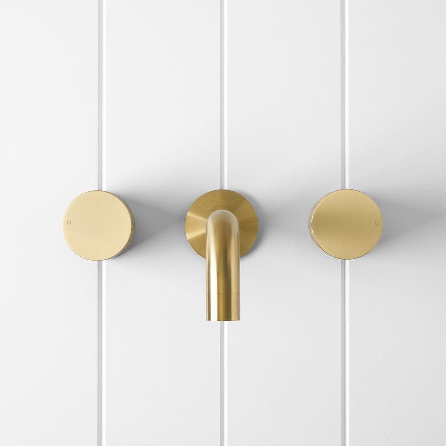 Yabby TAPWARE Wall Spout + Round Wall Taps Brushed Brass