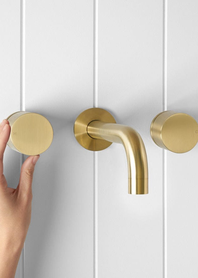 Yabby TAPWARE Wall Spout + Round Wall Taps Brushed Brass