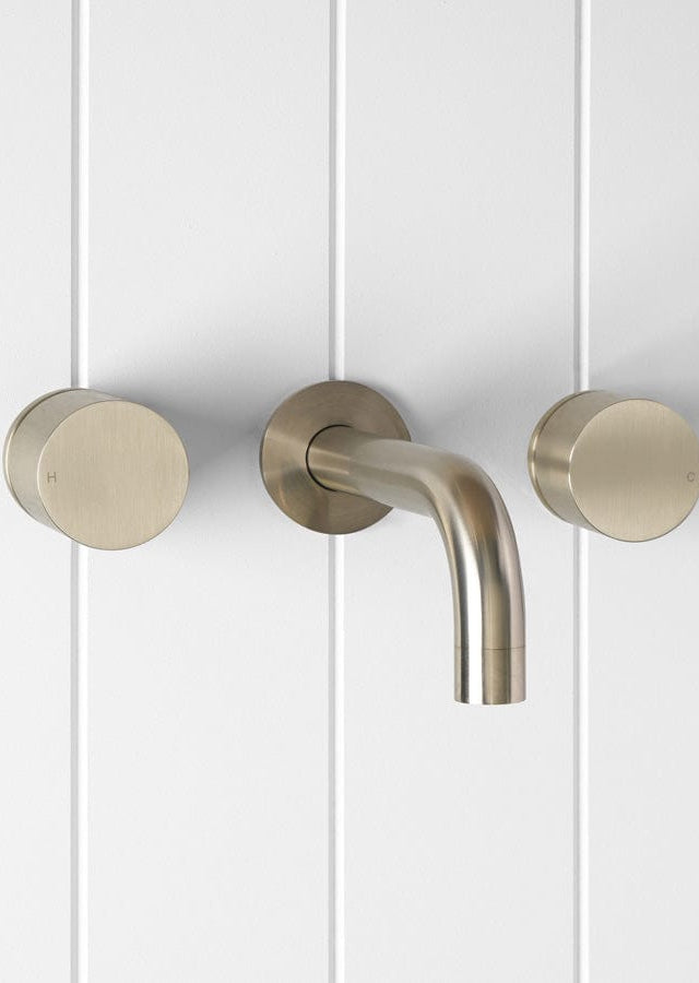 Yabby TAPWARE Wall Spout + Round Wall Taps Warm Brushed Nickel