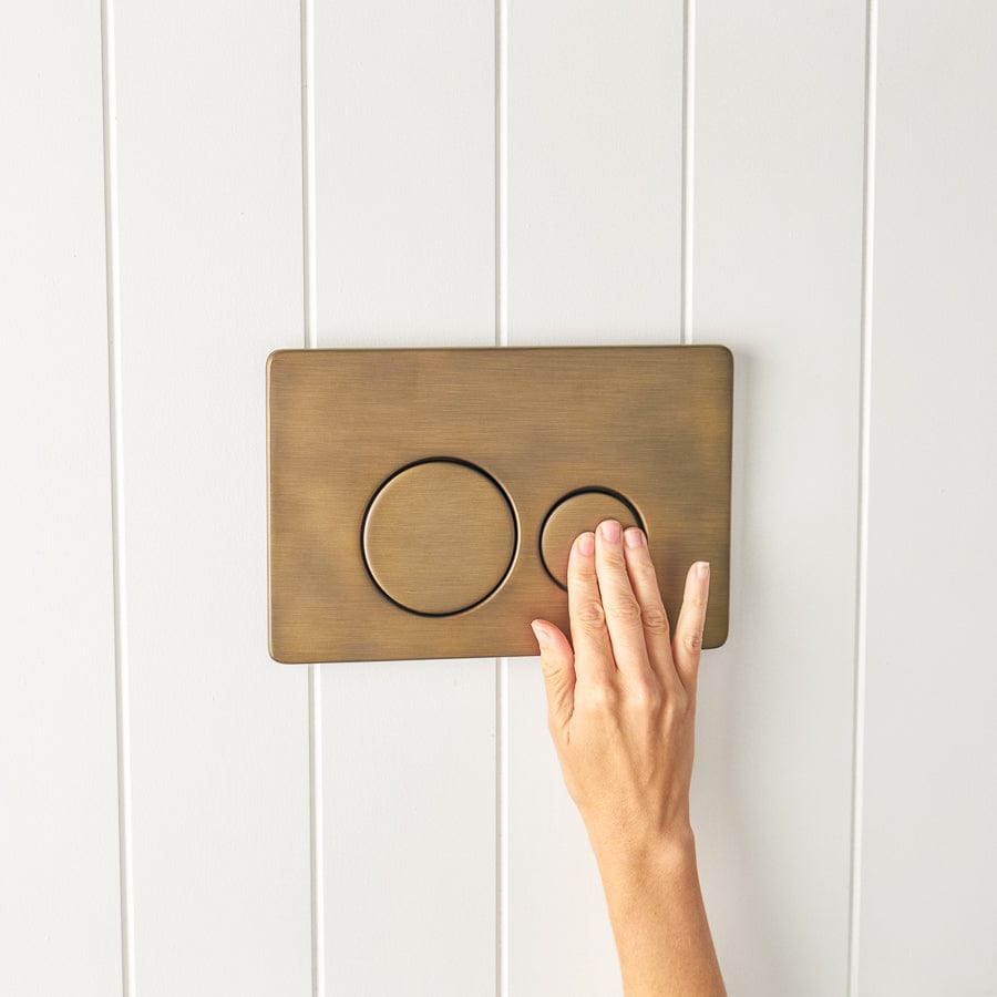 TileCloud TOILETS Angled In-Wall Toilet With Round Antique Brass Buttons