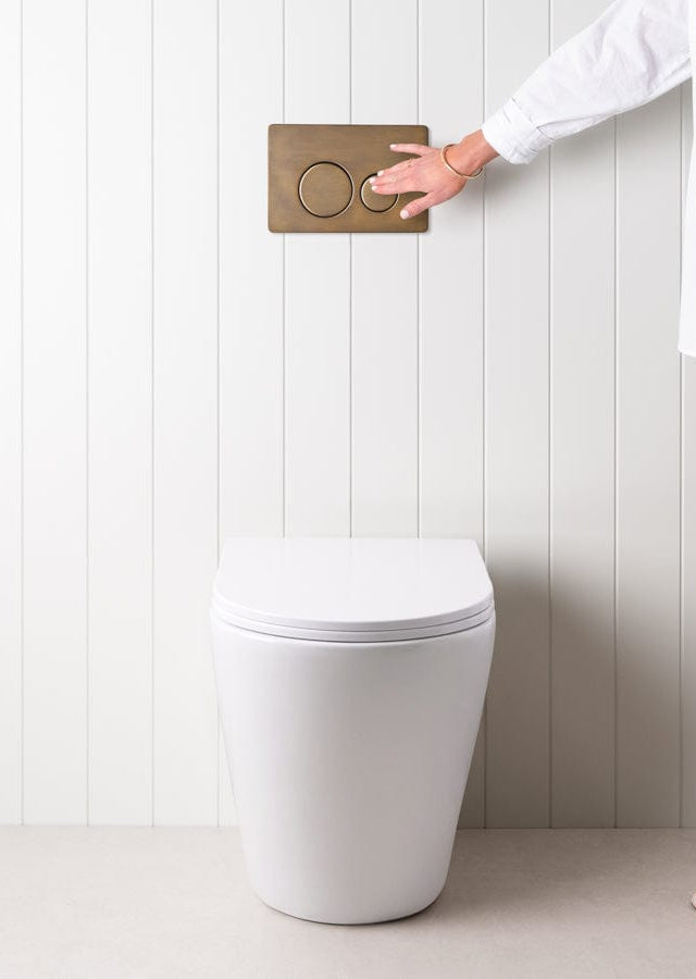 TileCloud TOILETS Angled In-Wall Toilet With Round Antique Brass Buttons