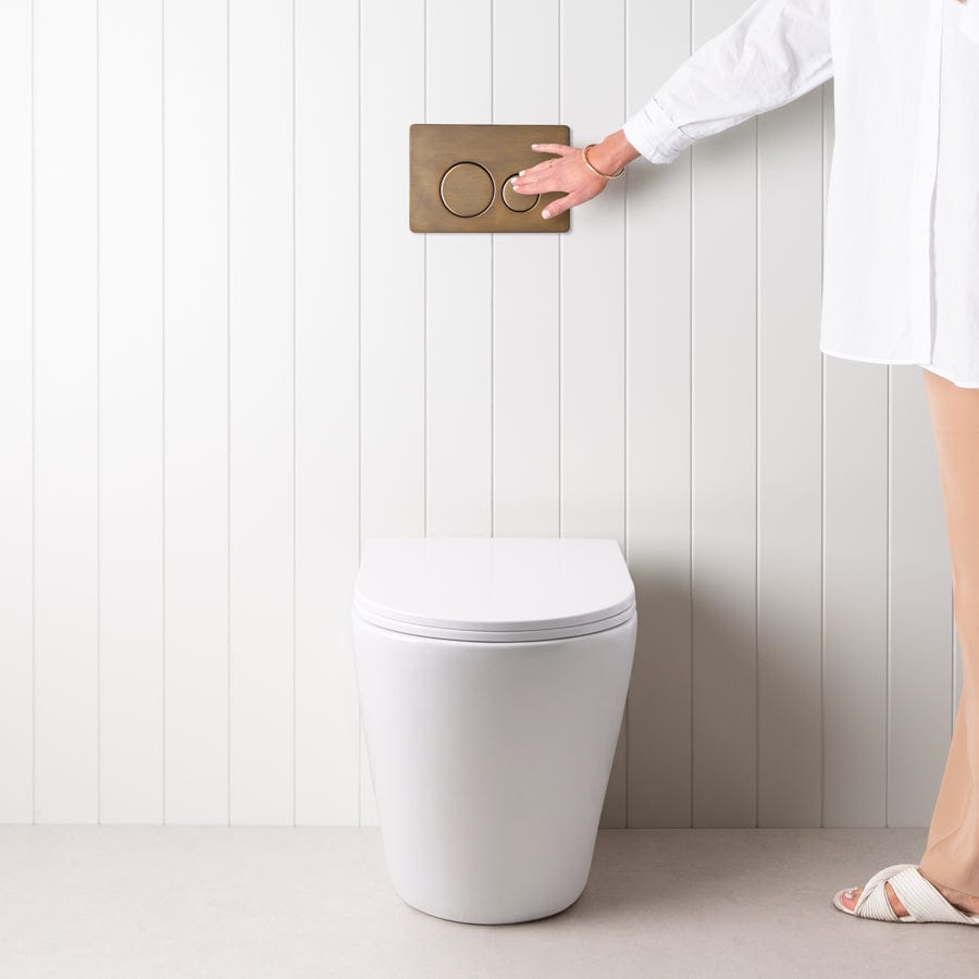 TileCloud TOILETS Angled In-Wall Toilet With Round Antique Brass Buttons