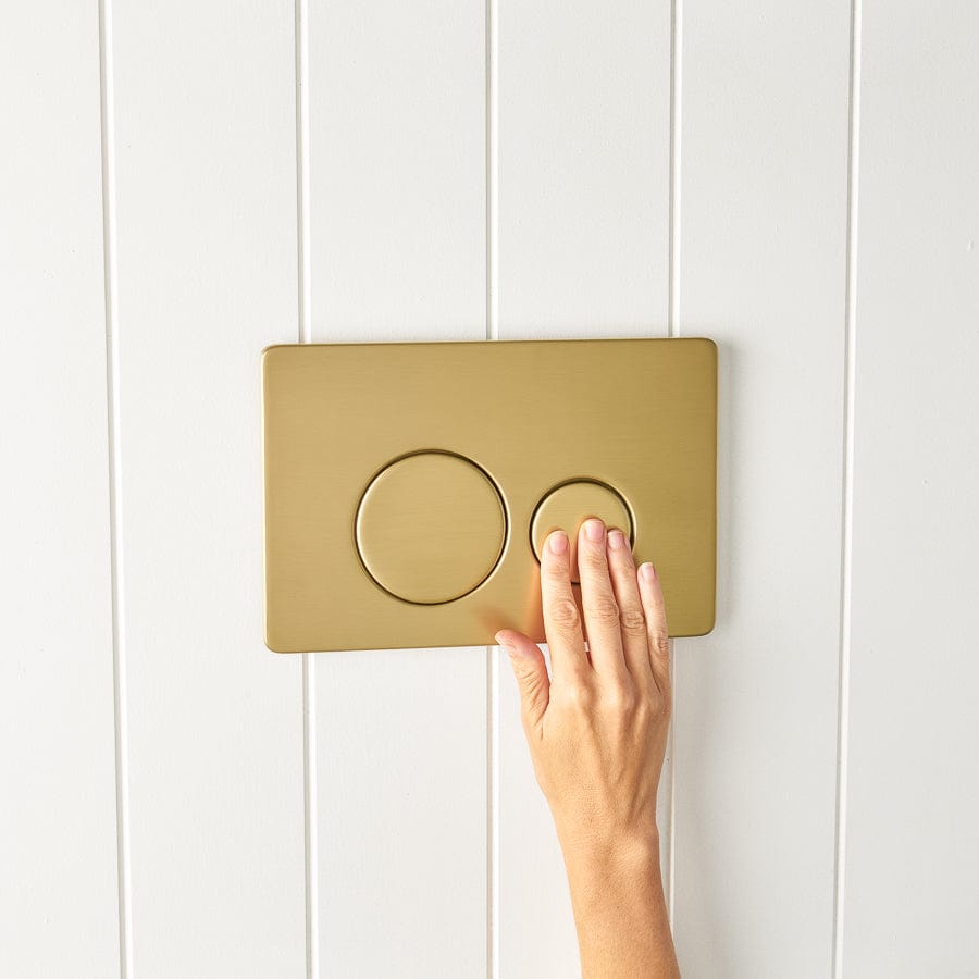 TileCloud TOILETS Angled In-Wall Toilet With Round Brushed Brass Buttons