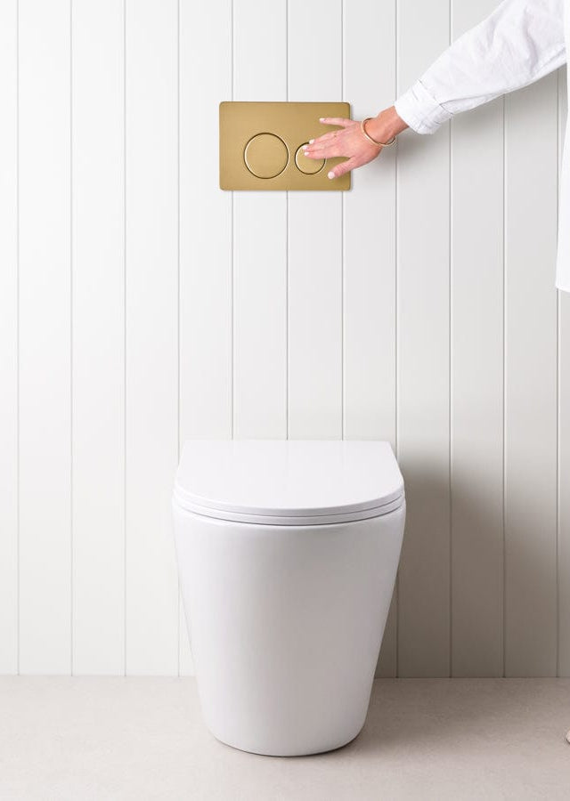 TileCloud TOILETS Angled In-Wall Toilet With Round Brushed Brass Buttons