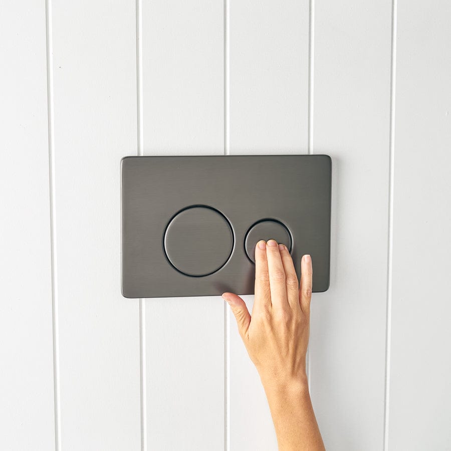 TileCloud TOILETS Angled In-Wall Toilet With Round Gunmetal Buttons