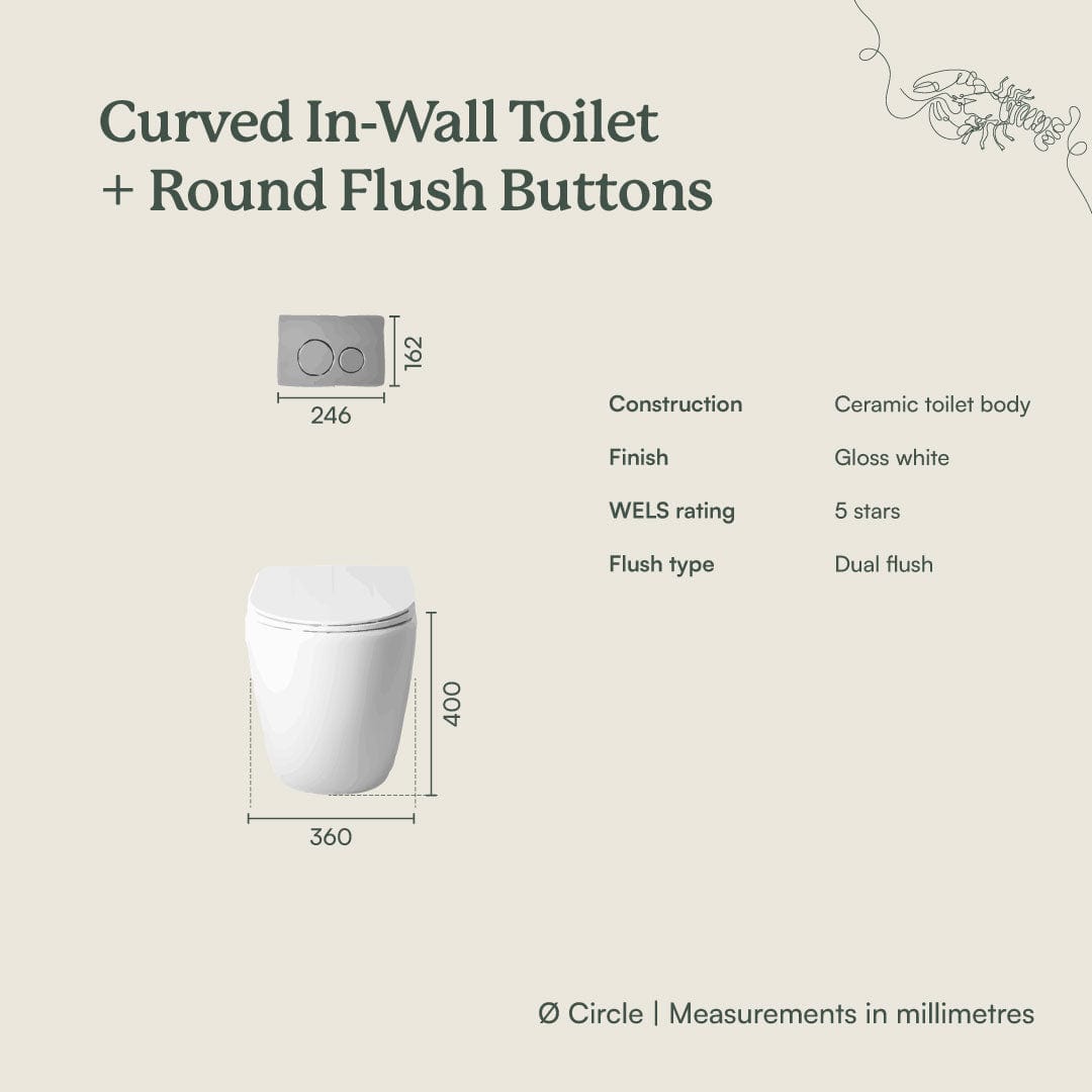 TileCloud TOILETS Curved In-Wall Toilet With Round Antique Brass Buttons