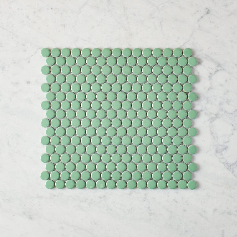 Pacific Greenwood TILE Broadwater Green Gloss Penny Round Mosaic Tile