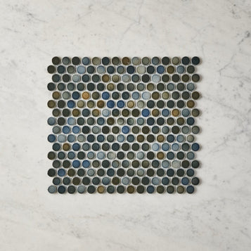 Broadwater Dark Blue Mix Gloss Penny Round Mosaic Tile