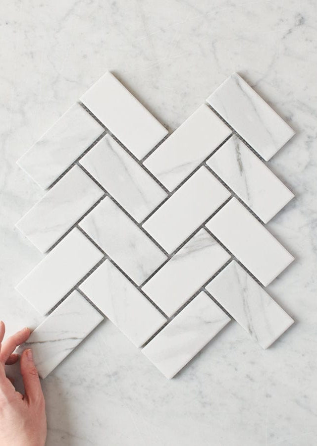 Pacific Greenwood TILE Tully Heads Carrara Matte Herringbone Tile